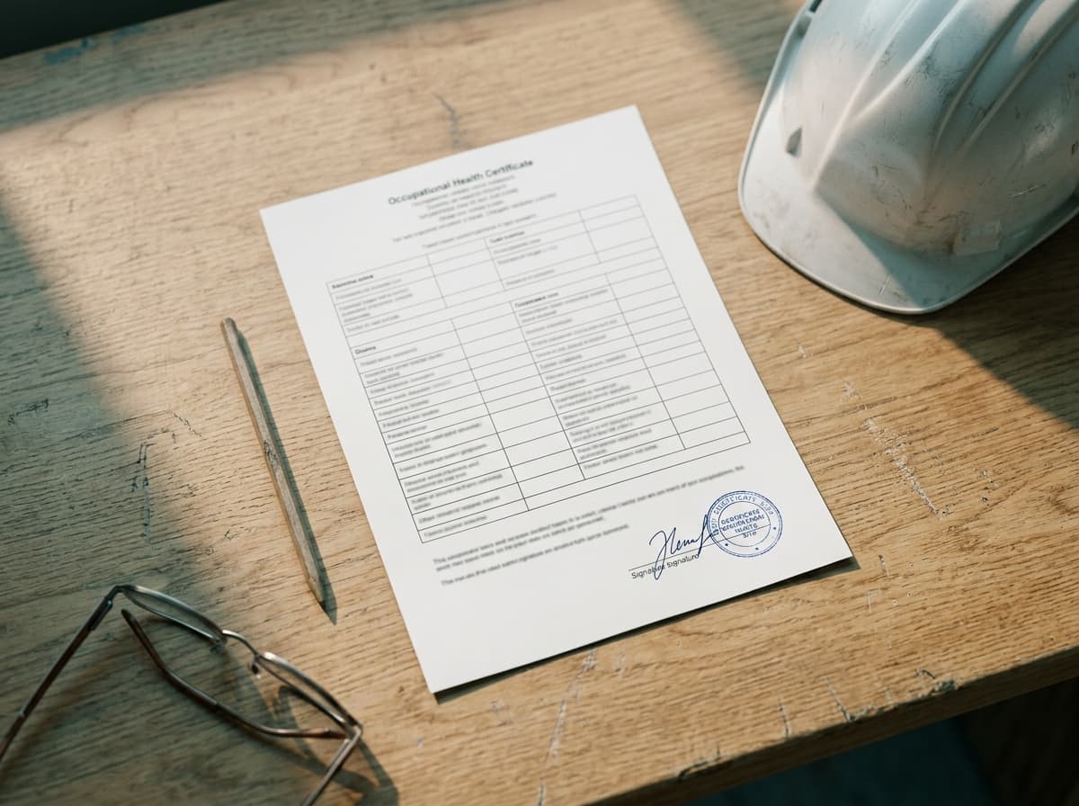 Certificado en papel sobre el escritorio de una faena